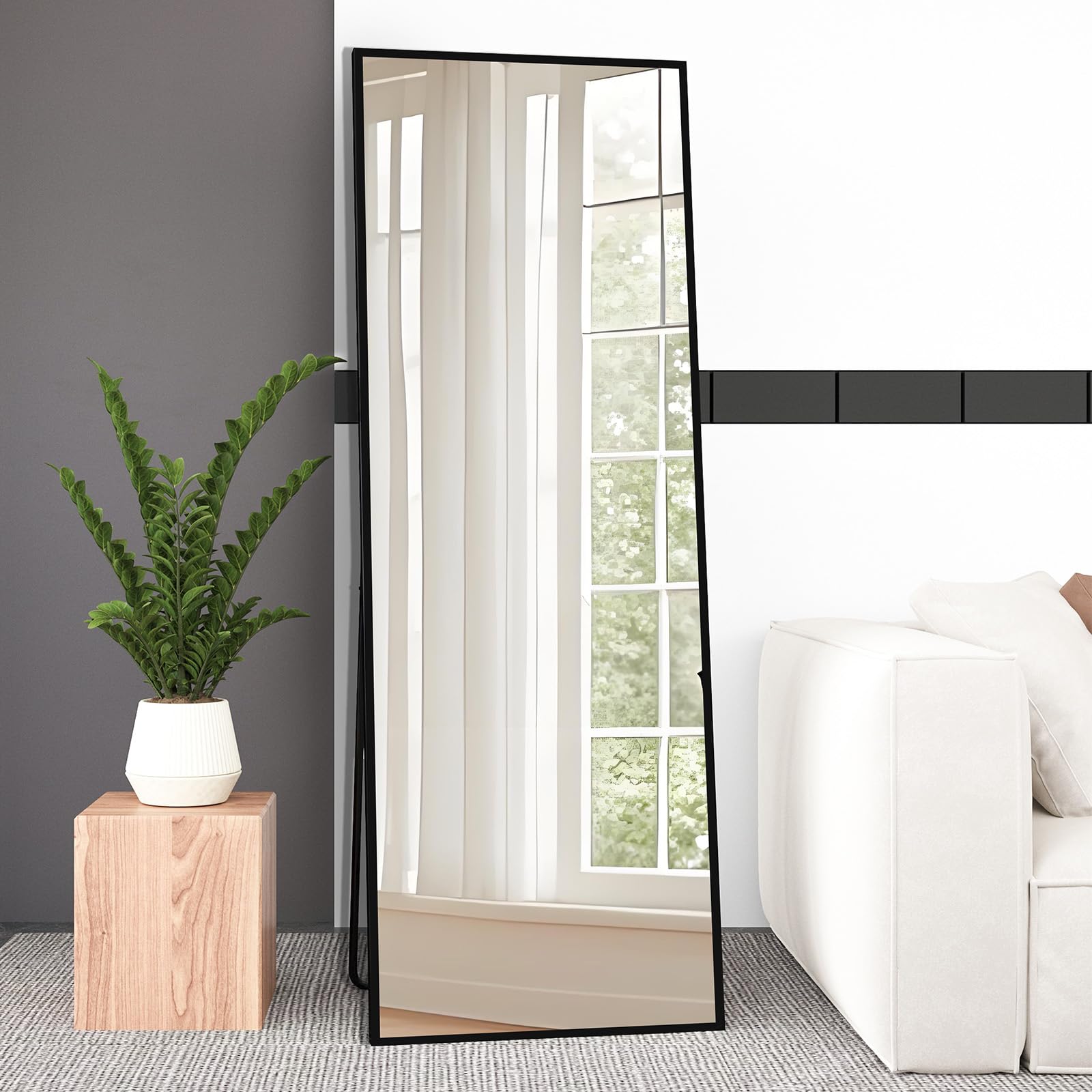 AUFHELLEN Ganzkörperspiegel 165x60cm mit Schwarz Metallrahmen Standspiegel HD Groß Wandspiegel mit Haken für Wohn-, Schlaf- und Ankleidezimmer Spiegel