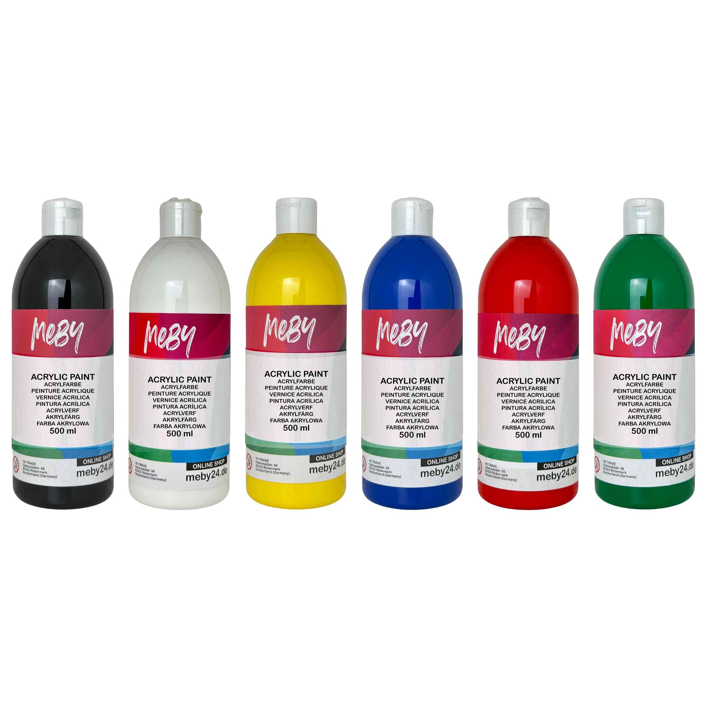 Zestaw farb akrylowych. 6 kolorów po 500 ml. Nieprzezroczyste farby do malowania na płótnie, pouringu, papierze, drewnie, kamieniu, tkaninie, skórze, metalu, ceramice. Uniwersalny zestaw farb (6 x 500