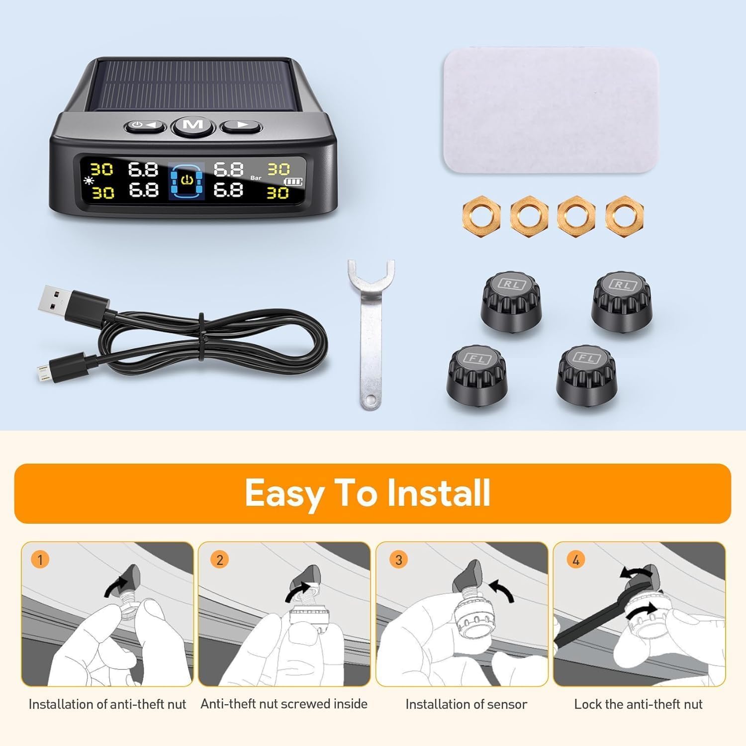 Four-step visual guide for installing the GEARGO TPMS sensors: 1. Install anti-theft nut, 2. Screw anti-theft nut inside, 3. Install sensor, 4. Lock anti-theft nut.