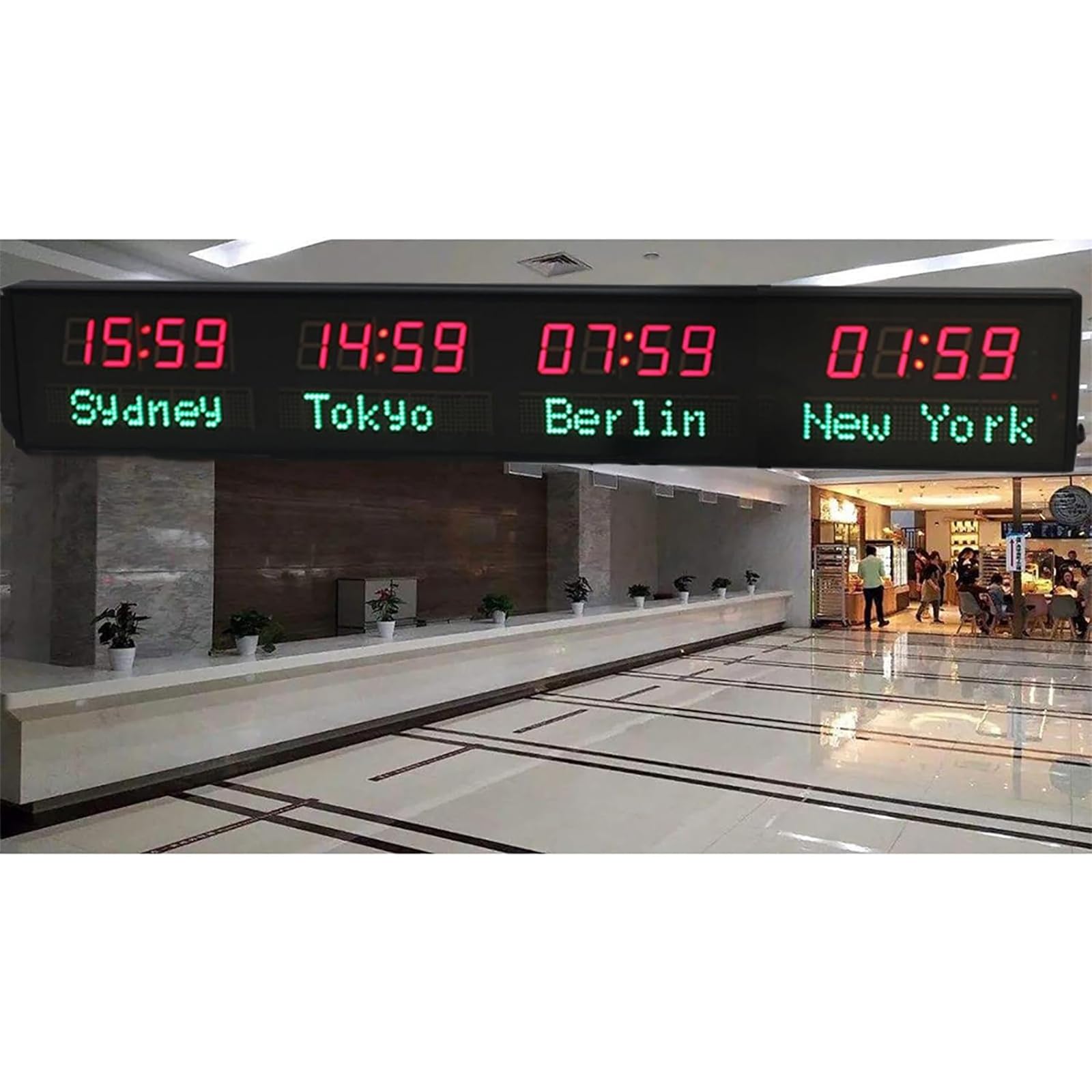 Zegar ścienny z 4 strefami czasowymi, cyfrowy zegar LED World TimeZone z pilotem zdalnego sterowania, zmienny miasto, 3-stopniowa regulacja jasności, połączenie WiFi, 3 tryby instalacji, na
