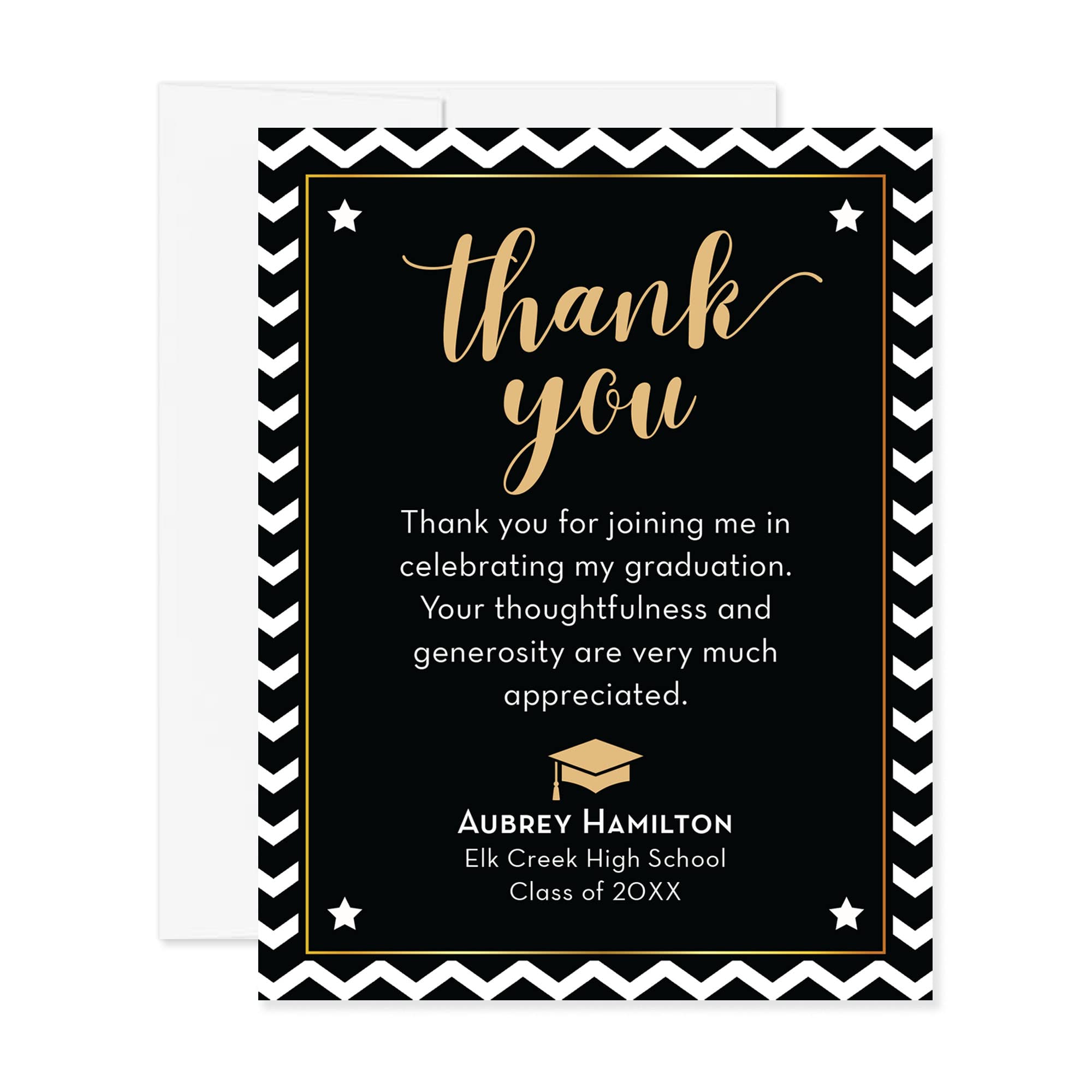 Hello Love Goods Graduation Thank You Cards Personalized with Name and School, 4.25x5.5 Black, White, and Gold Chevron Flat Thank You Note Cards with