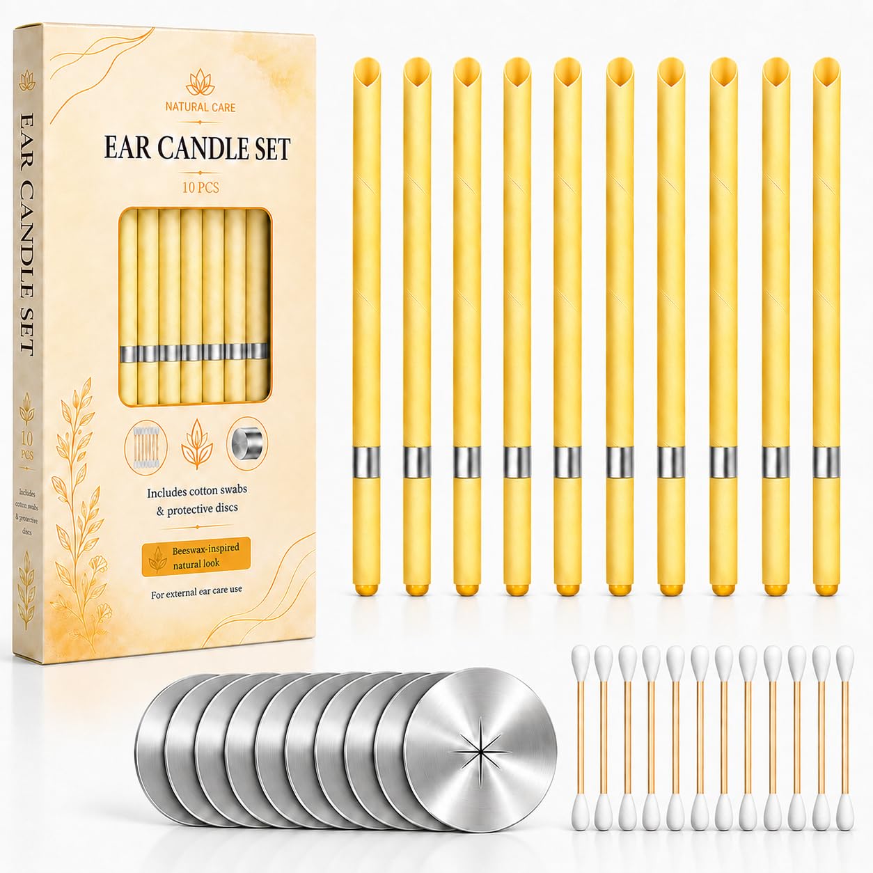 View 1 of 10 Pcs Ear Candles Wax Removal Kit– Ear Cleaning Tools with Cotton Swabs Storage Box and Protective, Easy to Use for Home (Yellow)