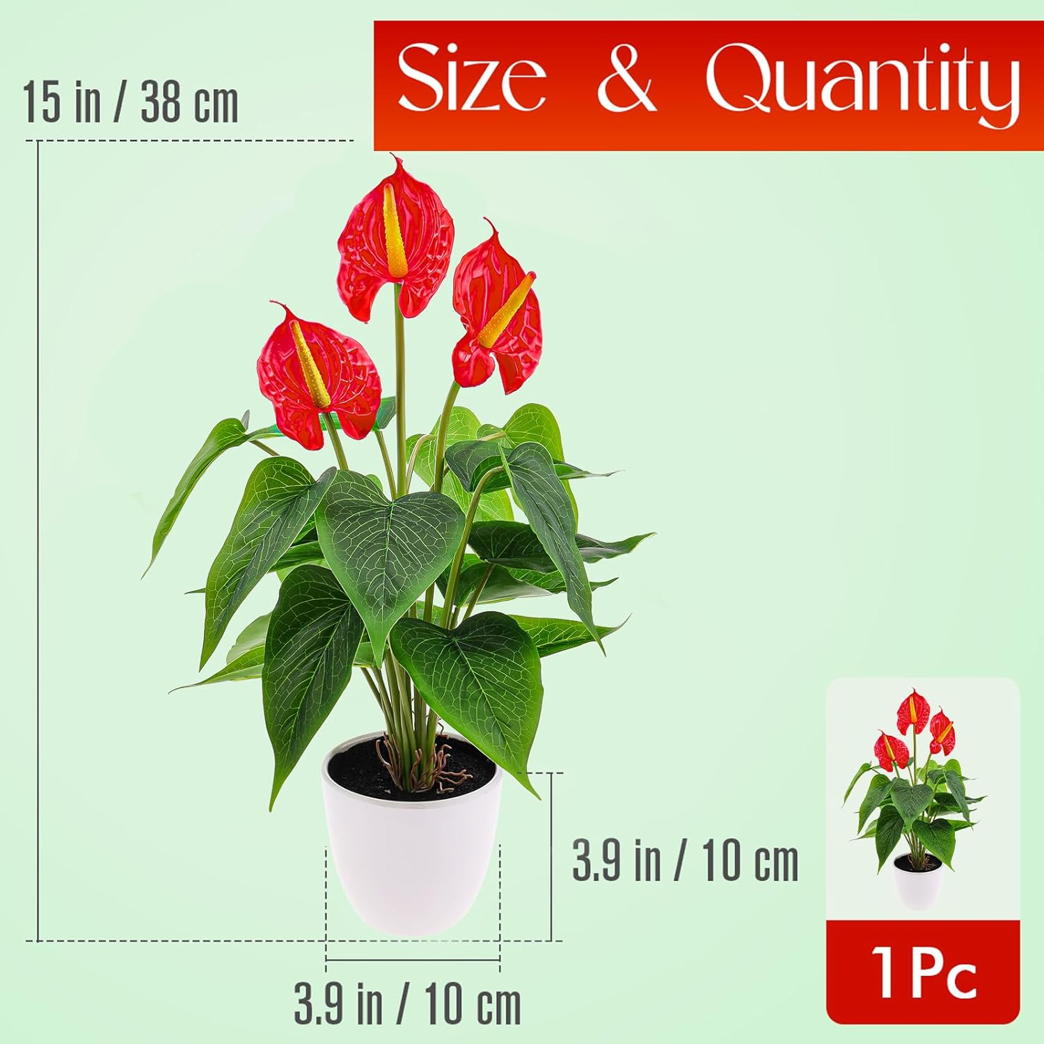 Folmywy Artificial Flower Plants Anthurium 15 Inch Small Faux Tropical Flowers Red Fake Potted Plant with Pot Bonsai for Home Living Room Bathroom Office Indoor Outdoor Occasions Decor - Image 2
