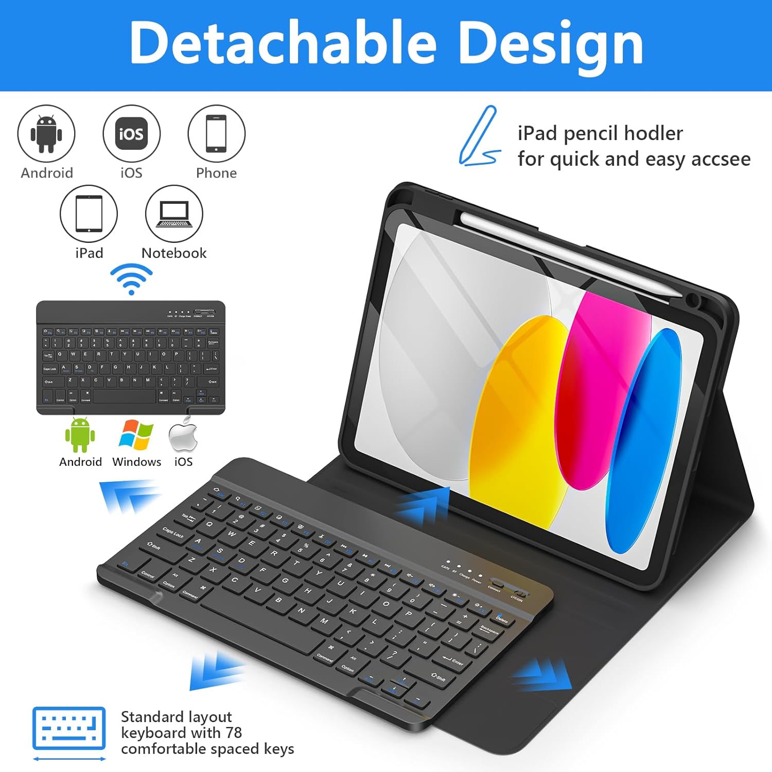 TaIYanG for iPad A16 11th 10th Generation Case with Keyboard- Detachable Bluetooth Keyboard Case with Pencil Holder,Thin & Light- Folio Cover for iPad 11 inch A16 2025 10th Gen 10.9 Inch 2022 (Black)