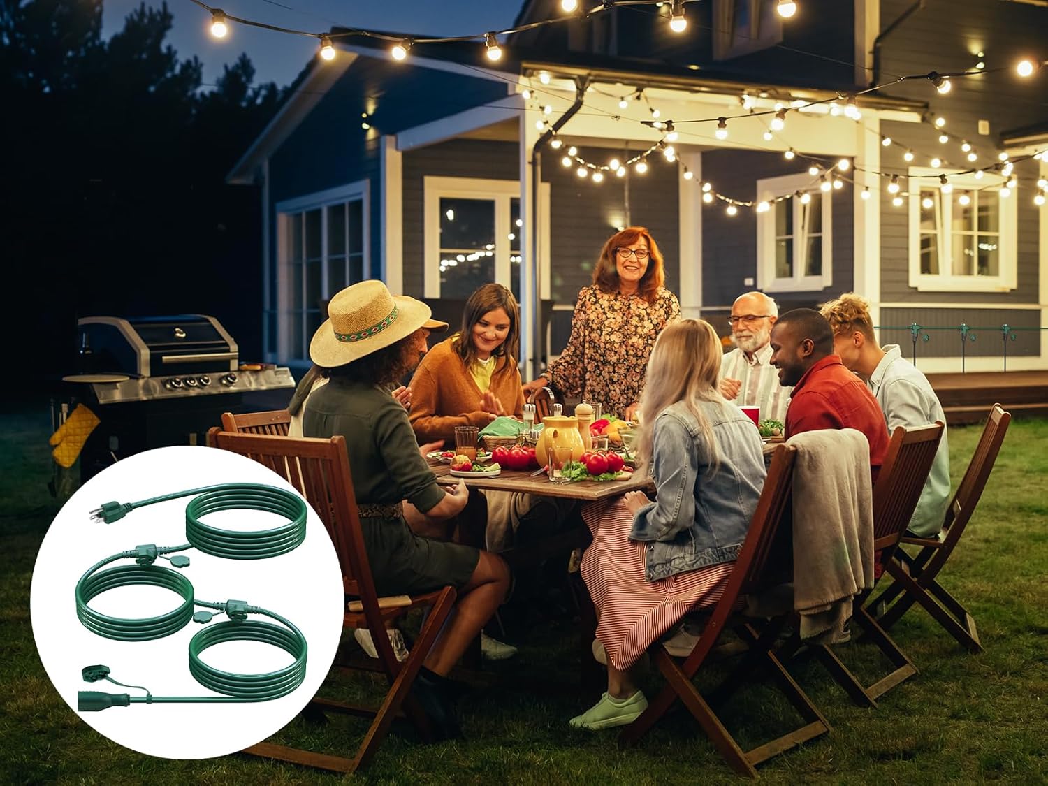 25Ft Outdoor Extension Cord Multiple Plugs- Evenly Spaced 3 Outlets Plugs with Safety Cover, 16/3 SJTW Green Outdoor Extension Cord for Landscape, Christmas Tree Lights, Holiday, ETL Listed