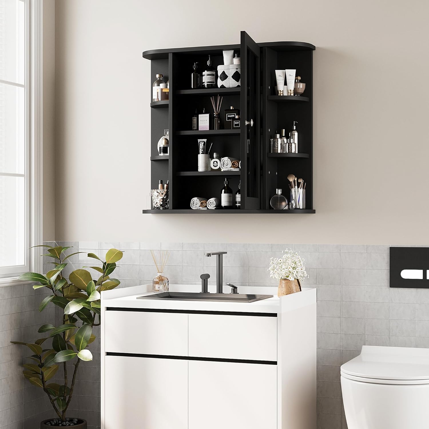 Shintenchi Bathroom Wall Cabinet with Mirror, Wall Mounted Medicine Cabinet with 4 Internal and 6 Open Shelves, Mirrored Door Over The Toilet Storage Cabinet, Black