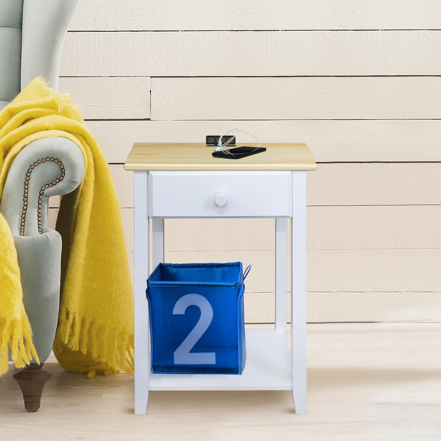 Casual Home Owl Night Stand with USB Port Charging Station and Drawer, 17.5" W x 14.25" D x 24.5" H, Natural White image 2