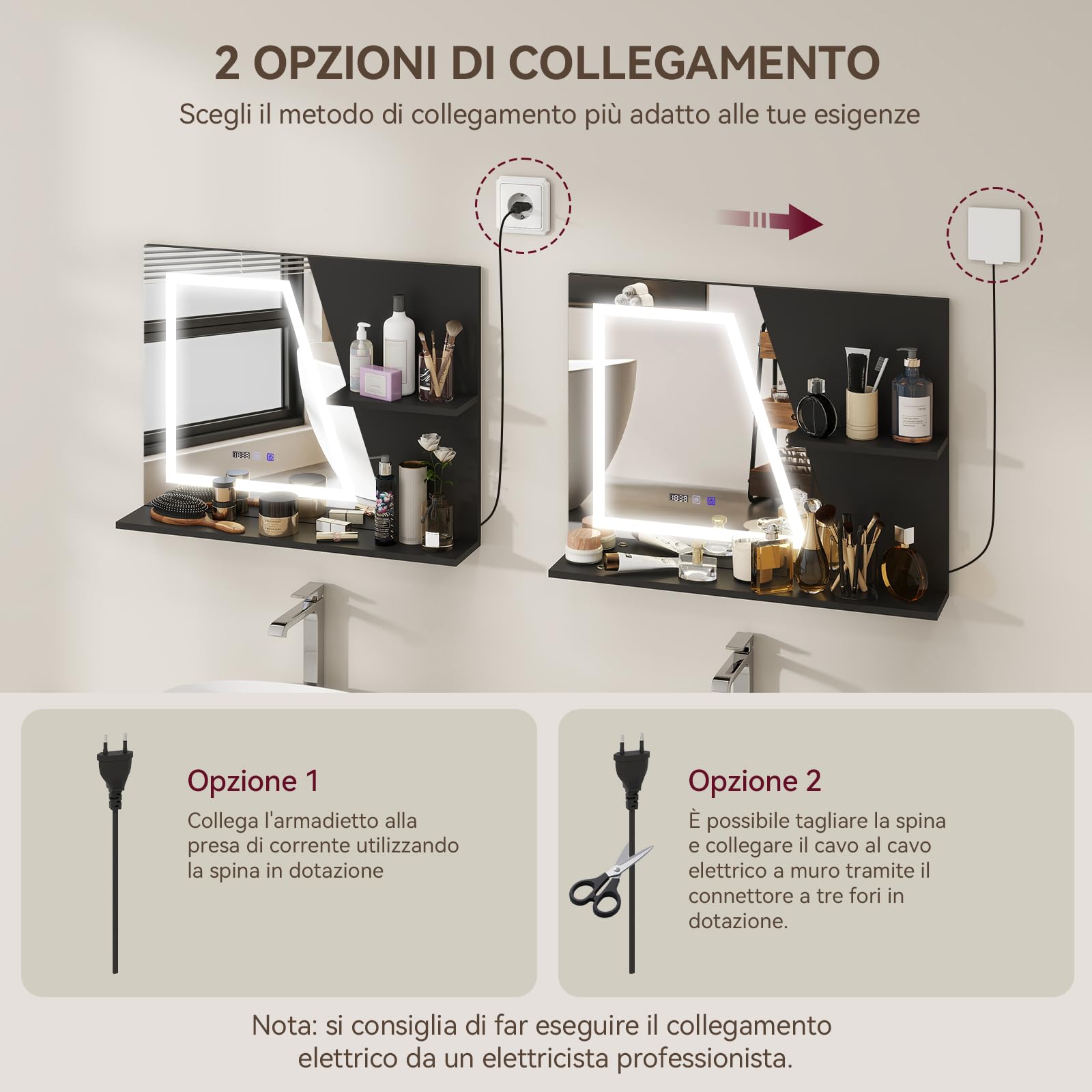 YU YUSING Specchio Bagno LED 80x60 cm con 2 Ripiani, Specchio da Parete con Led, 3 Colori, Luce Regolabili, Contro Touch, Display dell'Ora e Temperatura, Antiappannamento, IP44, Moderno, Nero