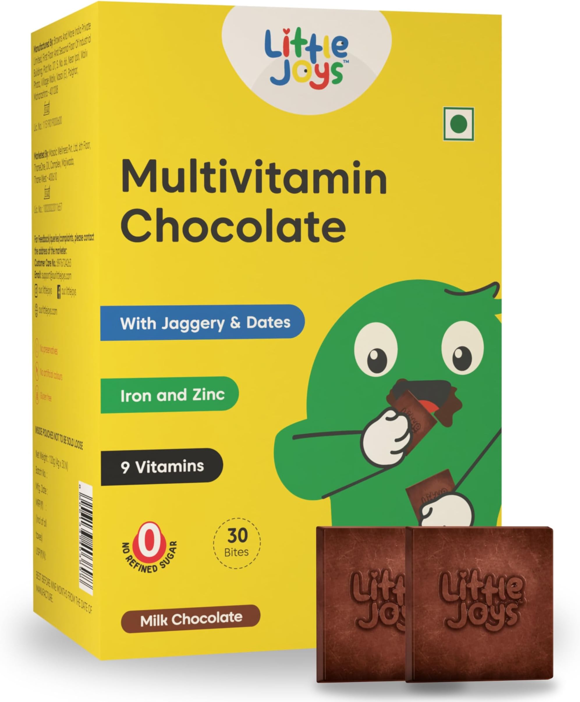 Little Joys Multivitamin Chocolate For Kids 2+ years | 30 Multivitamin Chocolates | No White Sugar & No Preservatives | Sweetened With Jaggery | Vitamin B12, D2, B9, E, Iron, & Zinc