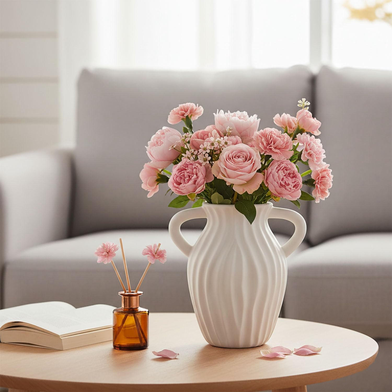 White Ceramic Vase with Double Handles, Textured Surface, 8.27" Tall, Modern Home Decor for Living Room, Bedroom, Dining Table