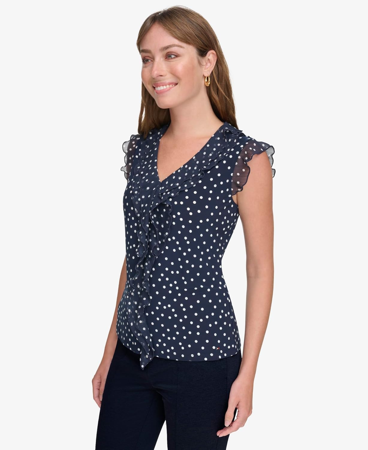 Tommy Hilfiger Women's Sleeveless Mix Media Ruffle Front Blouse - Image 3