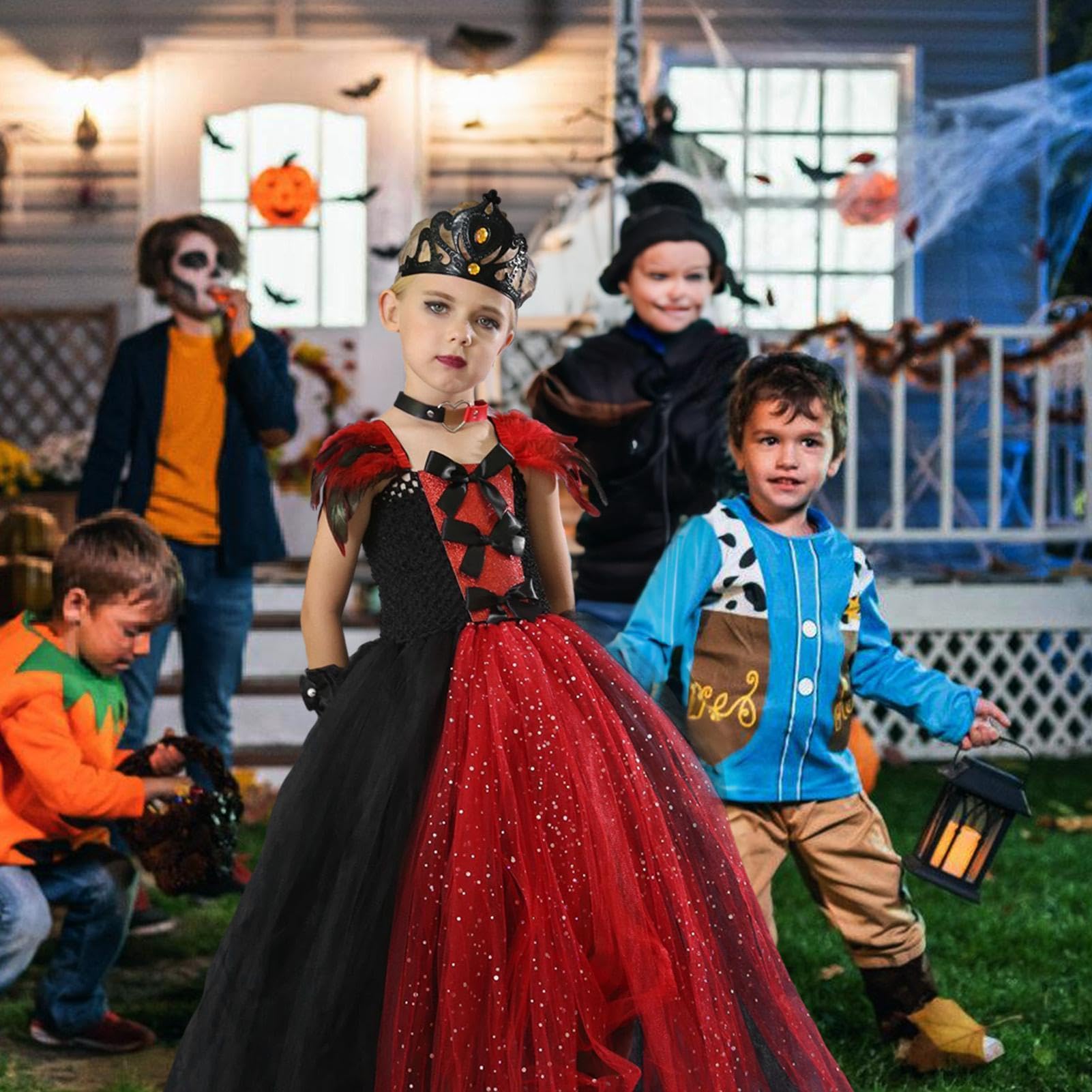 Abito da Vampira per Bambine Set Principessa Collana Clavicola Corona | Abito Di Halloween Con Gonna In Tulle Per Bambini 2-12 Anni Cosplay Recita Festa Oggetti Foto
