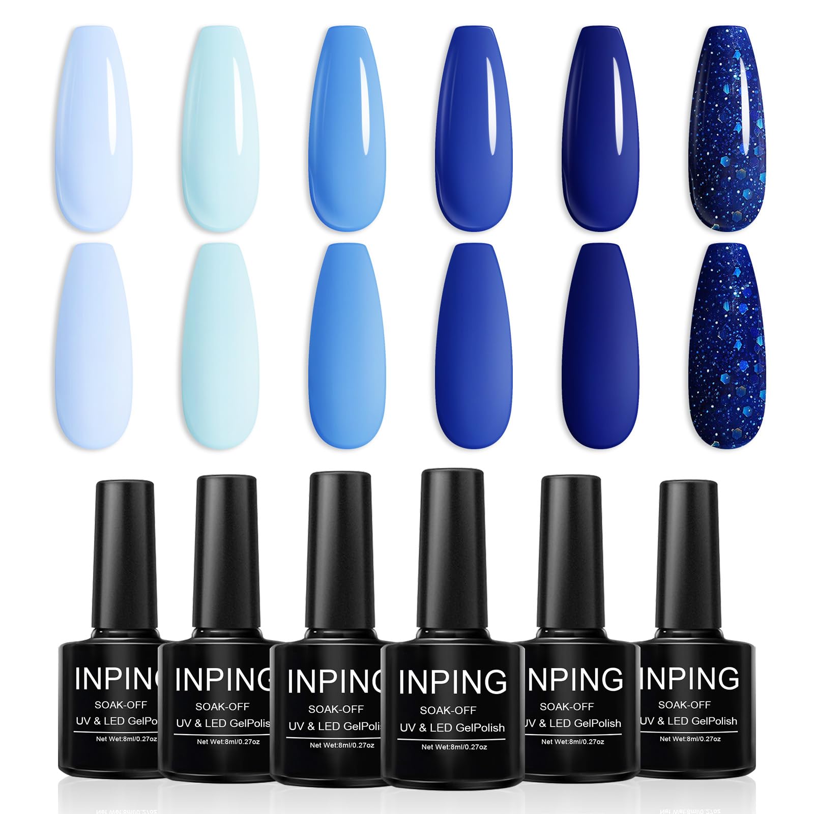 INPING Blue Gel Nail Polish Set, 6 Colors Navy Sky Blue Dream Series Glitter Diamonds Gel Varnish Kit Soak Off UV LED Beauty Set for Grils Women Manicure Salon DIY at Home, Long Lasting