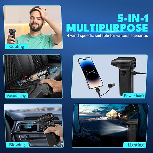 Miniatura 2 de Ventilador turbo violento, plumero eléctrico de aire comprimido y aspirador, soplador de aire portátil recargable de mano inalámbrico con luz LED y