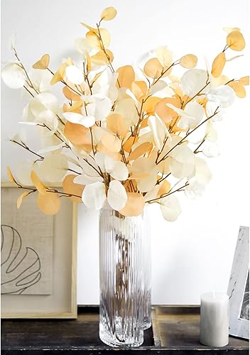 Miniatura 3 de Bellavis Ramos de 6 tallos de hojas de seda artificial de eucalipto de aspecto realista para centros de mesa (blanco vainilla)