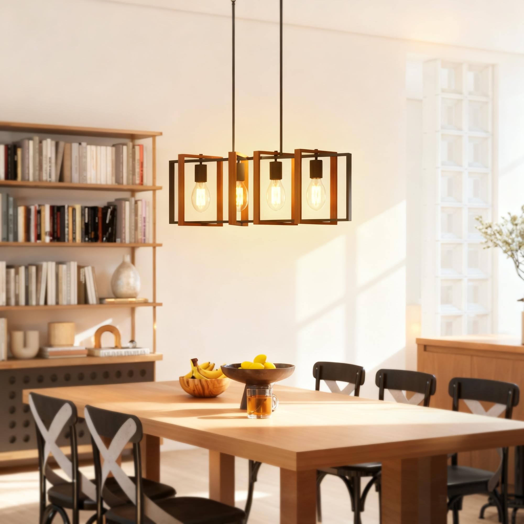 HOMCOM Lampadario a Sospensione 80x21x90-130 cm Nero e Marrone Noce | Altezza Regolabile, Stile Aziendale, Prese E27, Soggiorno Sala Da Pranzo Corridoio, Lampadina Non Inclusa