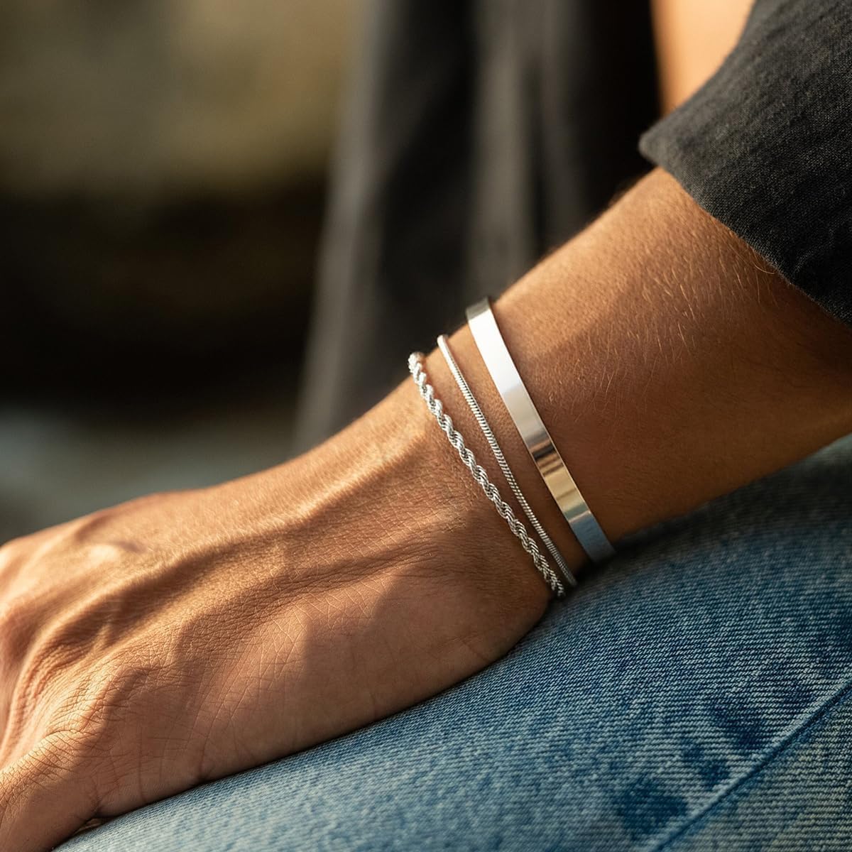 Mens Bracelet, Dainty Silver Plated Bracelets for Men Non Tanish Fashion Mens Jewelry Simple Cuban Snake Rope Link Bangle Chain Bracelet Mens Accessories 6.5/7/7.5/8/8.5/9 In - Image 2