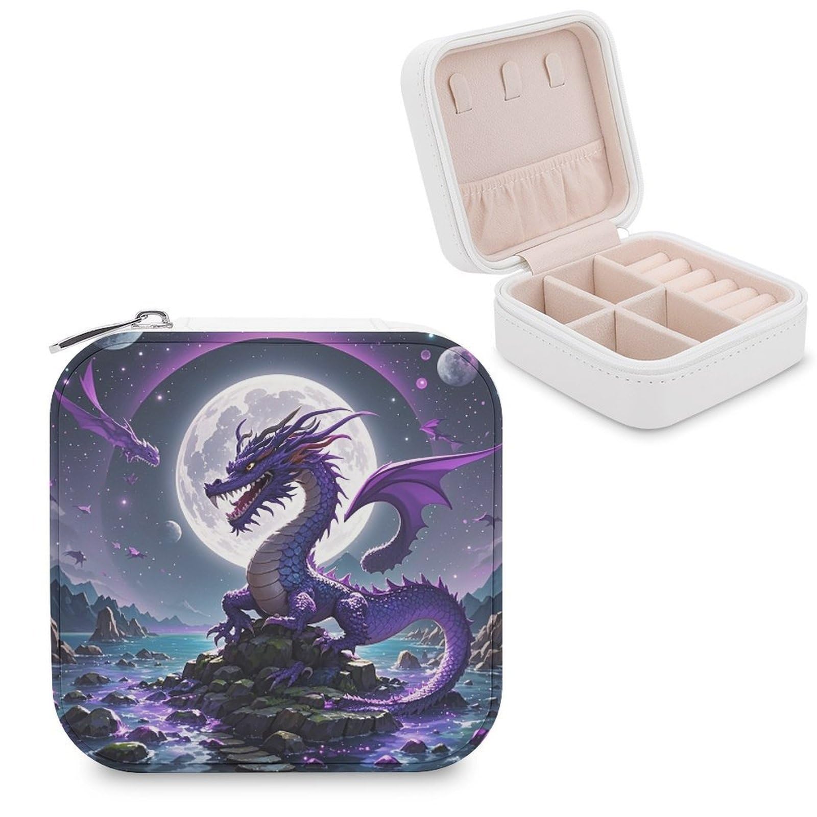 LZQPOEAS Purple Dragon Moon Jewelry Box Mini Jewelry Travel Case Trendy Stuff Ring Box Custom PU Leather Jewelry Boxes Portable Jewelry Case Earring Storage Organizer for Girls Women