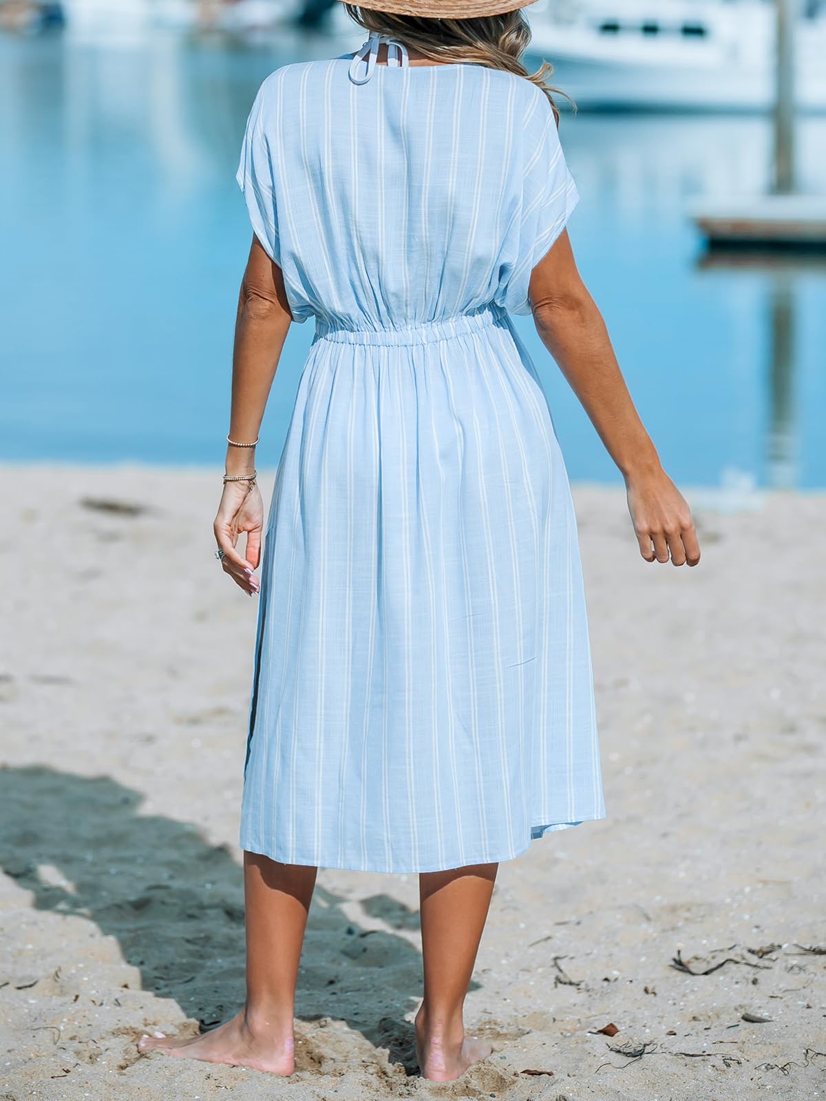 CUPSHE Damen Bikini Cover Up Strandkleid V-Ausschnitt Kurzarm Seitenschlitz Elastikbund Sommerkleid Beach Midi Dress
