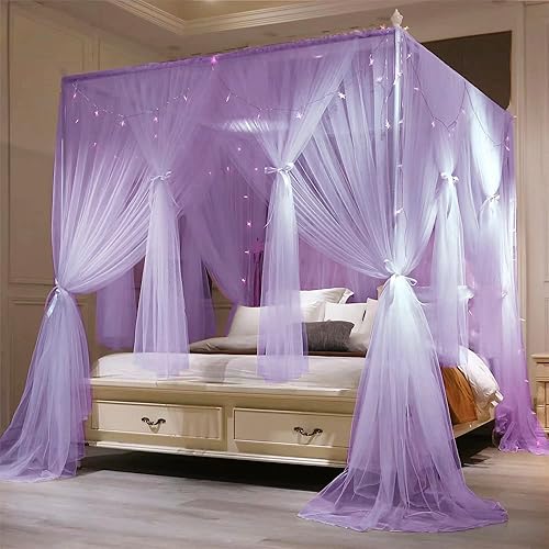 Miniatura 3 de VETHIN Cortina de cama de princesa de 4 esquinas, doble capa, acogedora red mosquitera de 4 aperturas para niñas y adultos, accesorios de decoración