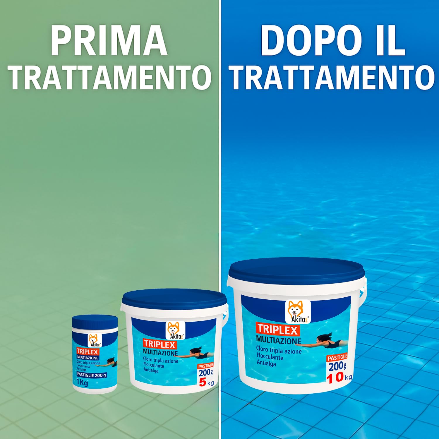Akitaink Triplex Multiazione Pastiglie Cloro 3 in 1 per Piscina | Azione Lenta | Disinfettante, Antialghe e Flocculante | Secchio da 5 KG