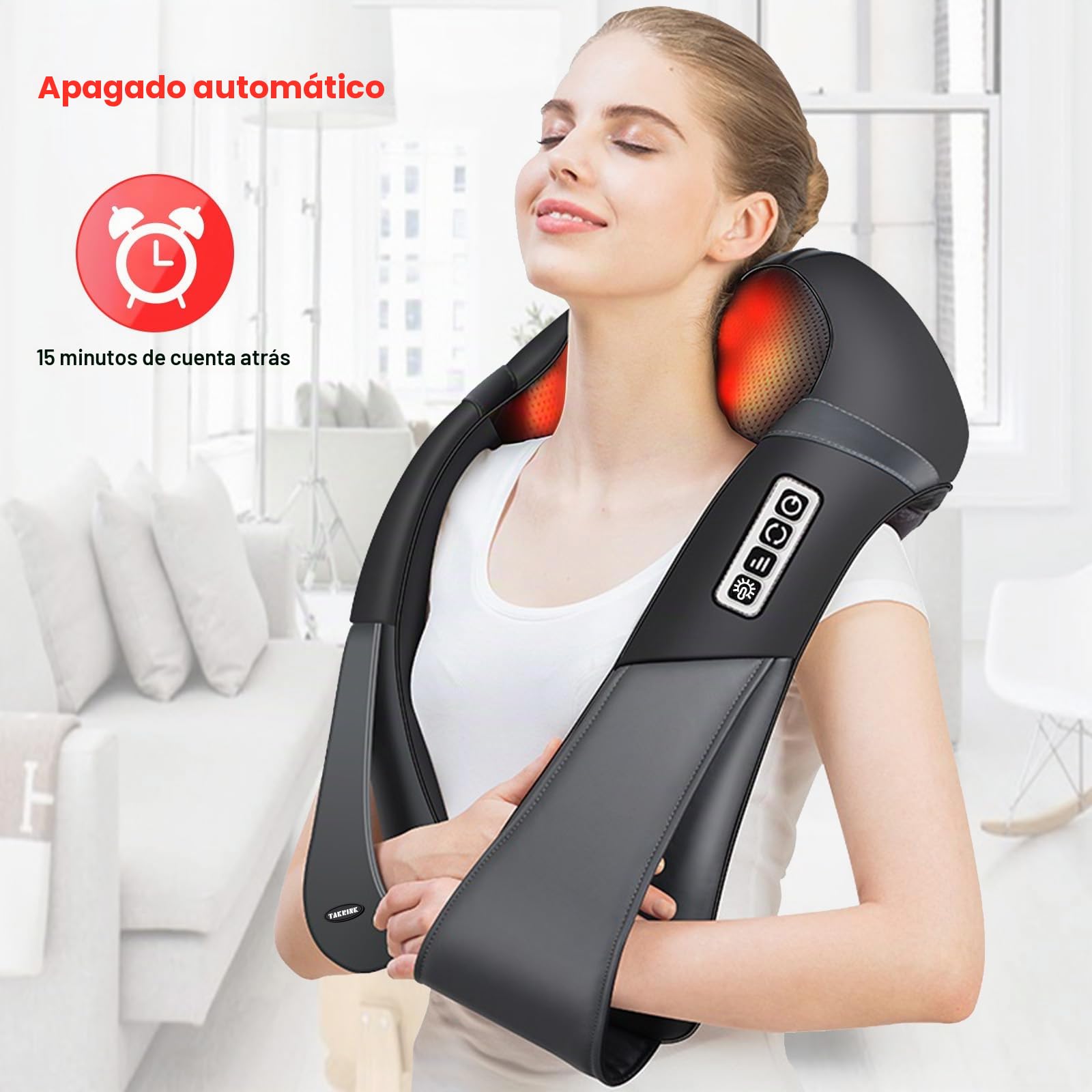 TAKRINK Masajeador Shiatsu 16 Cabezales de Masaje Integrados Masajeador de Hombros Cuello 3 Niveles de Velocidad Dirección Ajustable Relajación con Calor en Oficina Casa