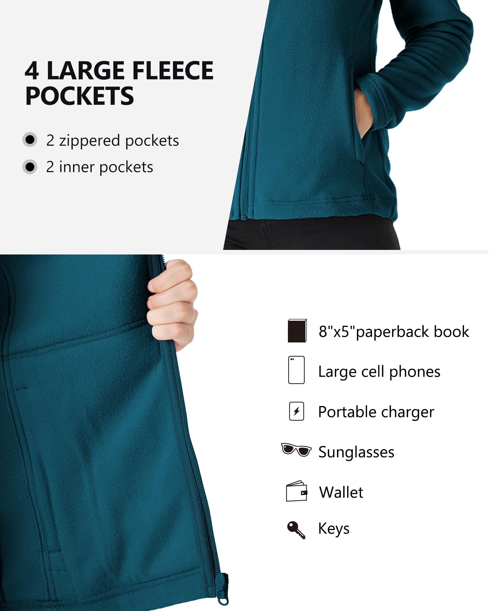 Outdoor Ventures Veste polaire légère et chaude à manches longues avec fermeture éclair pour femme pour l'automne et l'hiver