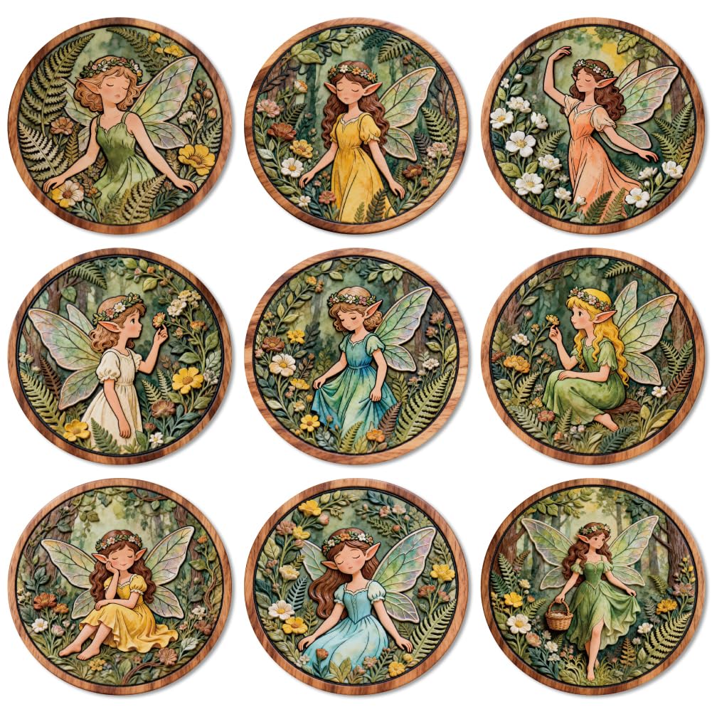 ANATTASOUL Wood Coasters Set of 9 for Drinks Fairy and Forest Colorful Wooden Cup Mat for Coffee Table Decor, 3.9" Round Desk Coasters for Home, Apartment, Office, Bar Gifts — image 1