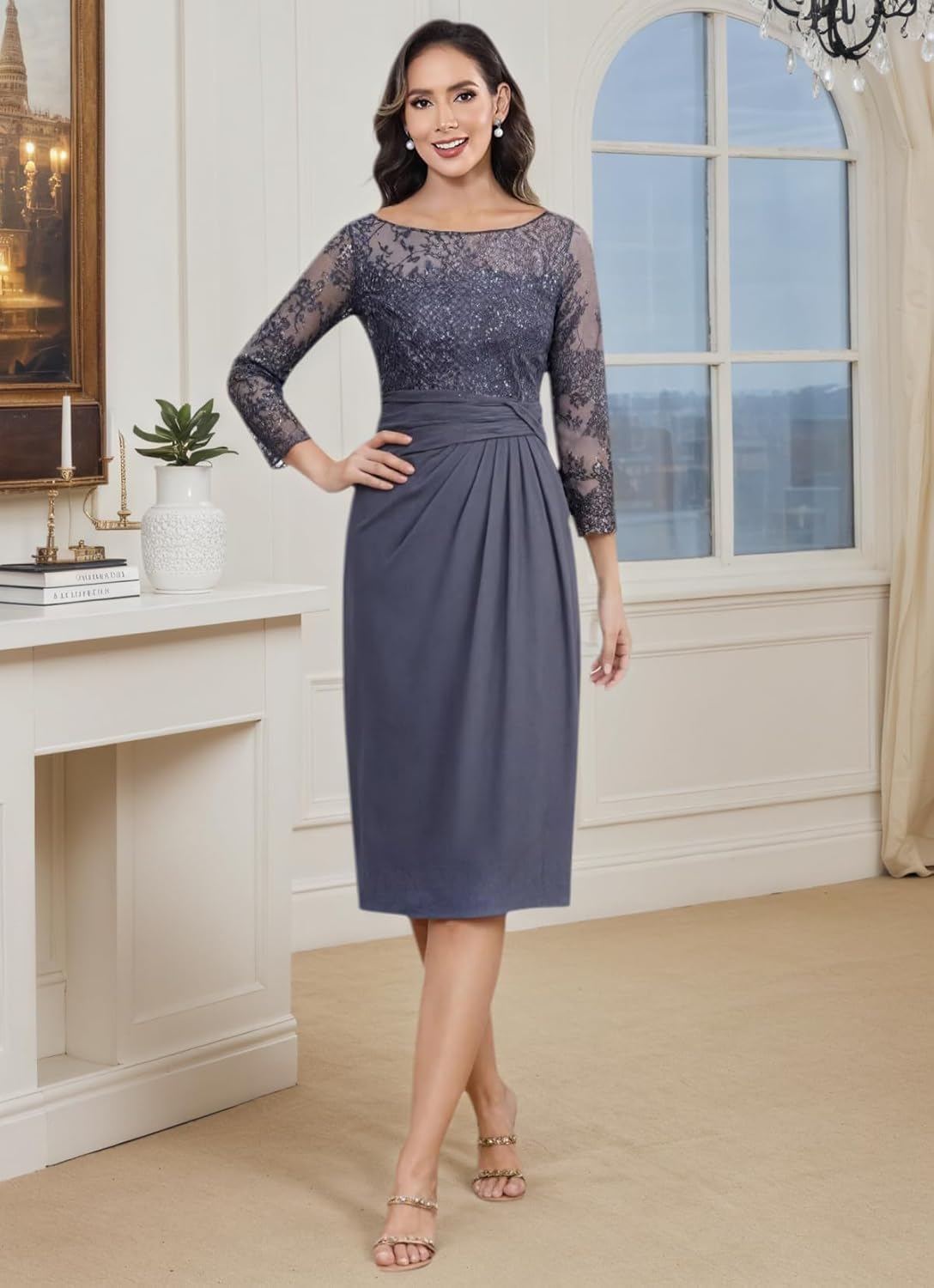 2 Pieces Mother of The Bride Dresses for Women Lace Applique Chiffon Knee Length Formal Evening Party Gowns with Jacket