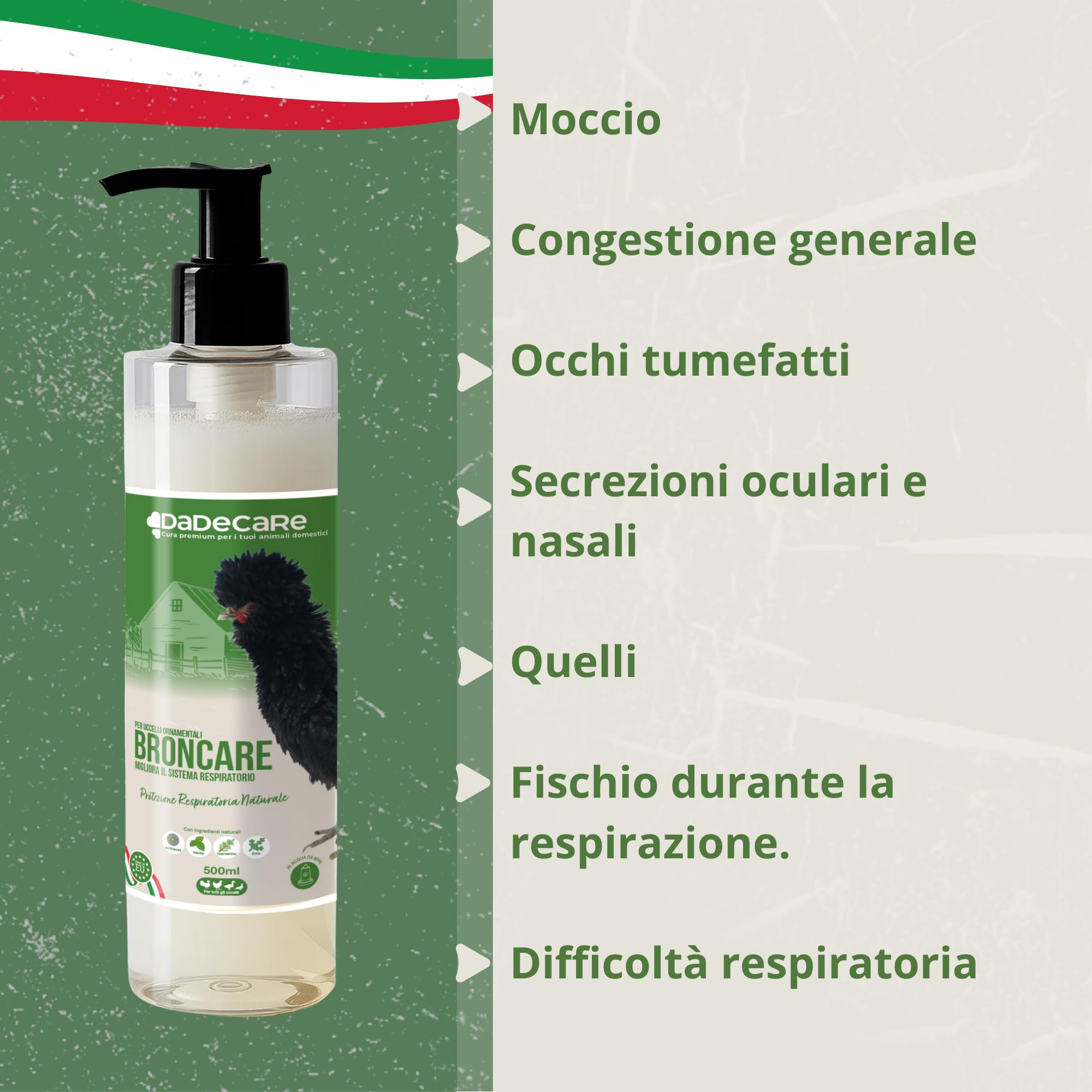 Bronzo Respiratorio 500 ml con ADEC - Galline, Pollame ed Esotici - Oli Essenziali, Rinforzo Immunologico e Respiratorio - Echinacea, Menta, Timo e Rosmarino