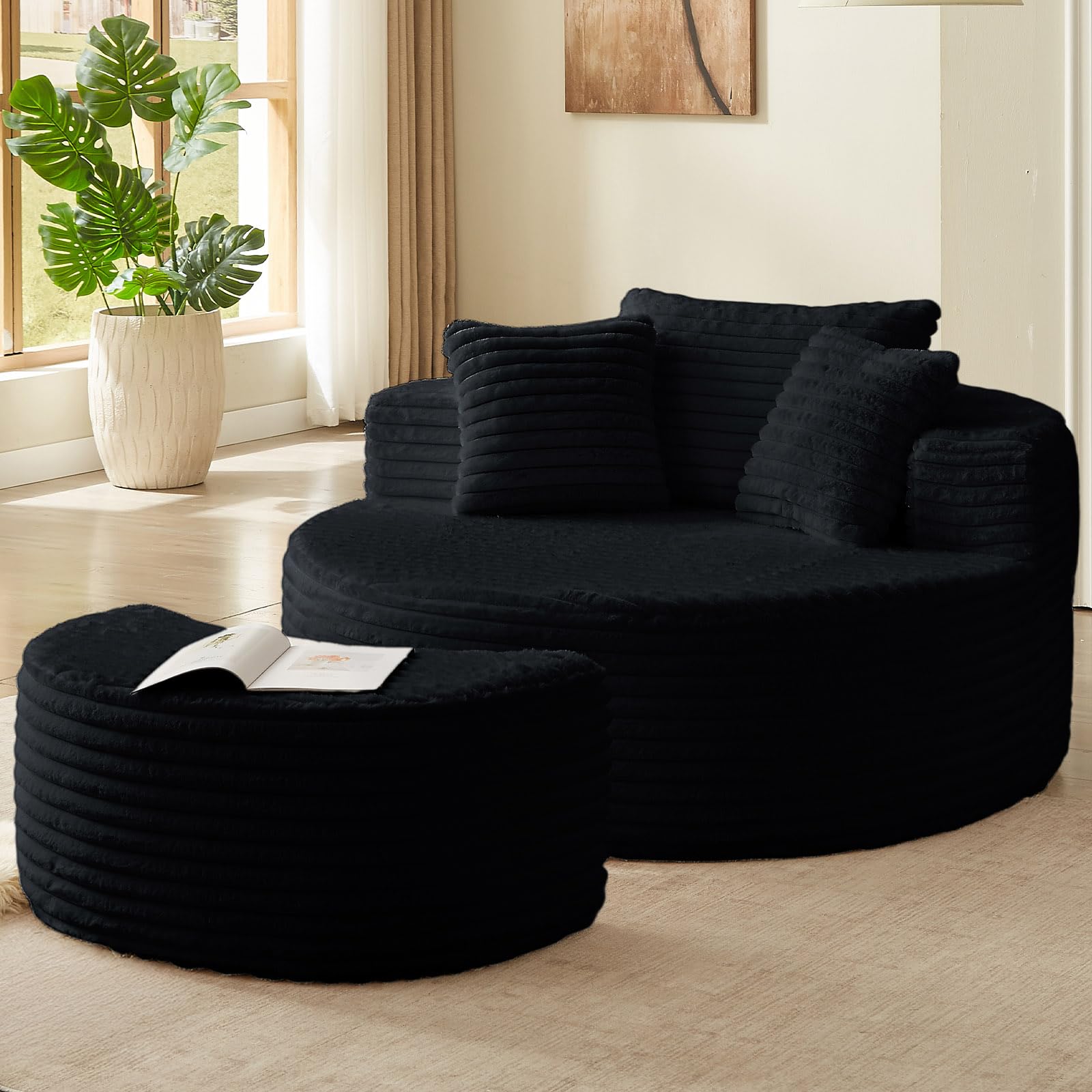 Oversized Round Chaise Lounge Chair Indoor with Ottoman, Modern Upholstered Corduroy Circle Couch with Pillows, Boneless Round Chairs for Living Room, Apartroom, Bedroom, No Assembly Required, Black