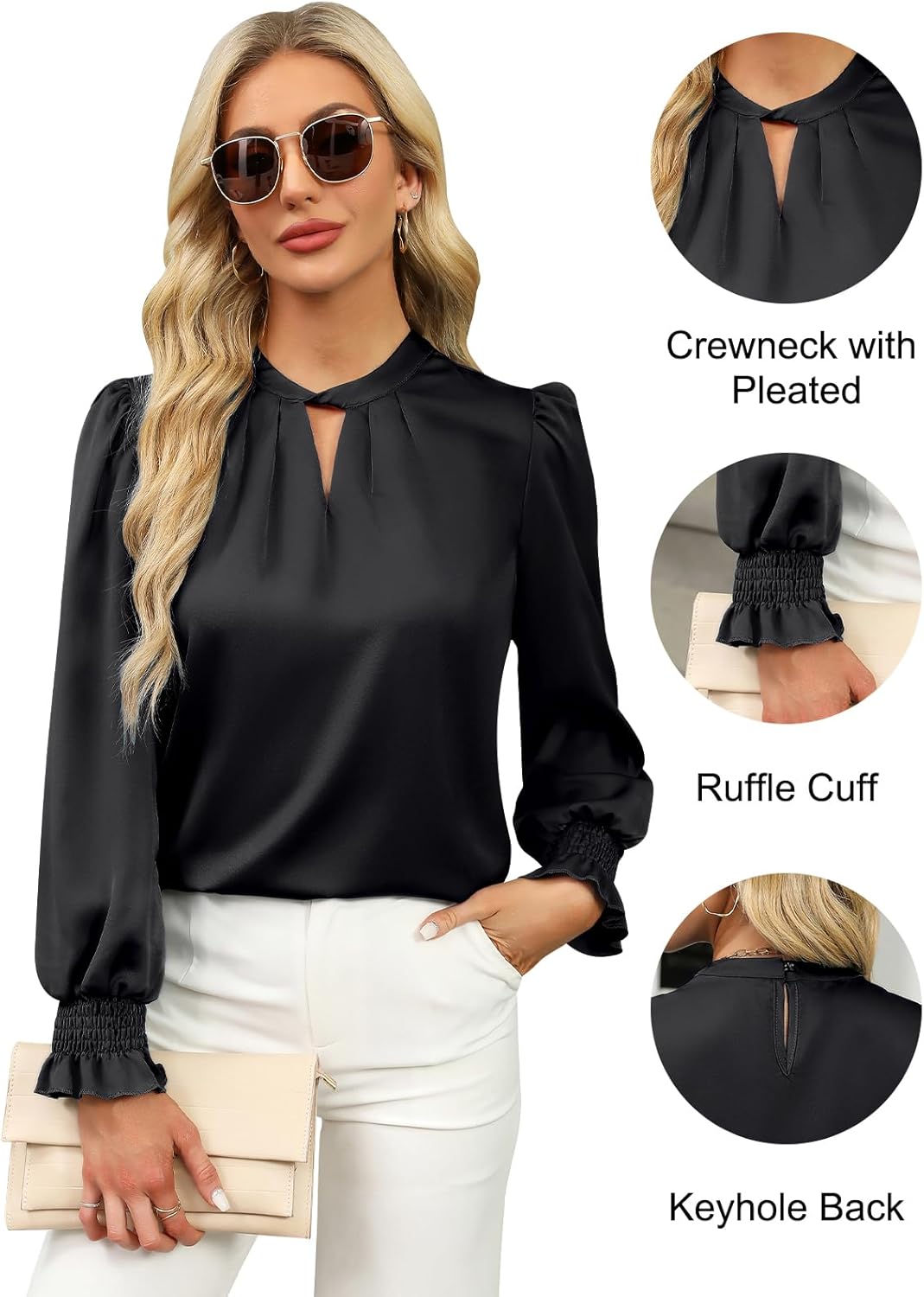 BMJL Womens Dressy Casual Blouse Black Long Sleeve Shirts Satin Silk Keyhole Business Work Tops Fall Outfits 2025 - Image 4