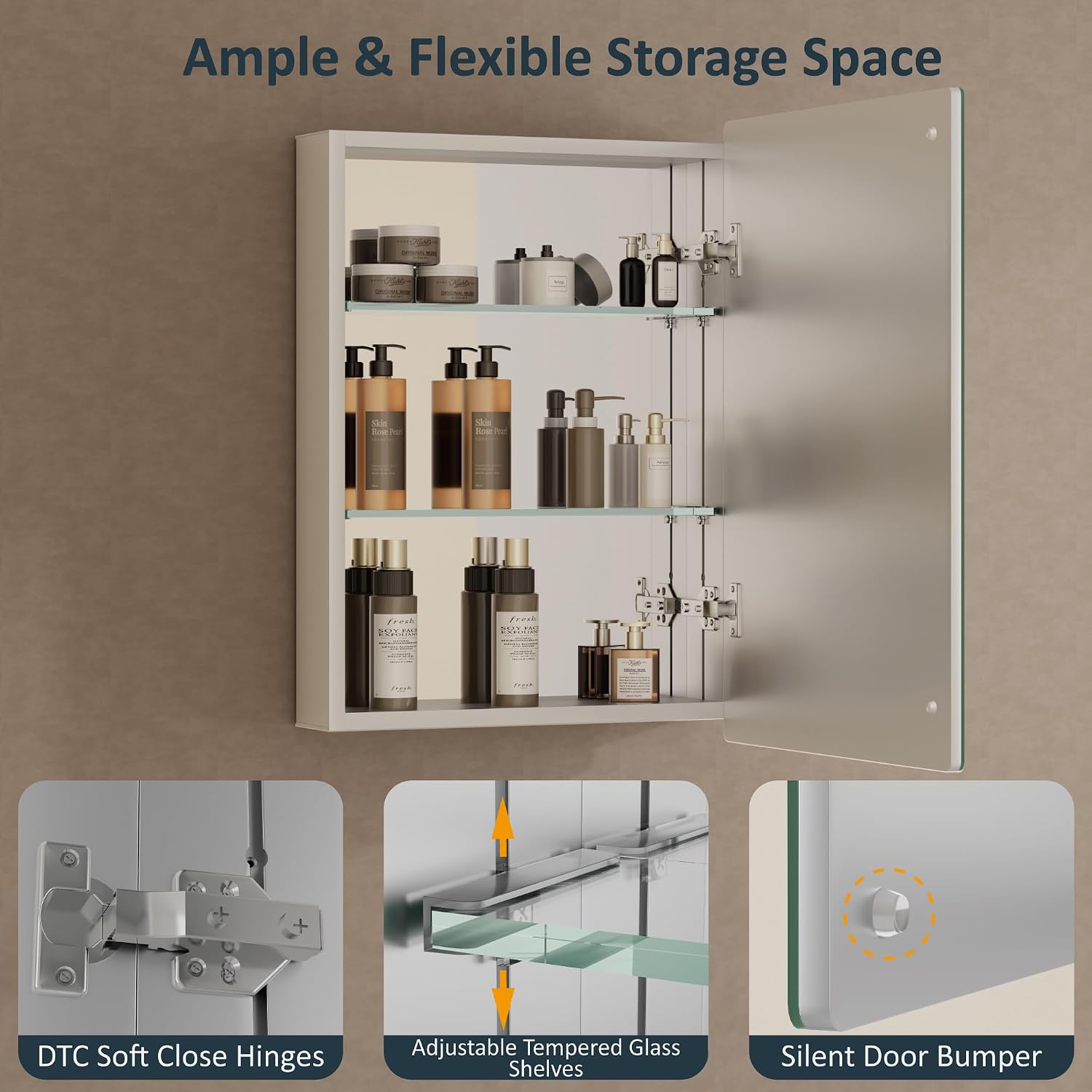 24x30 Inch Medicine Cabinet with Mirror, Recessed or Surface Mounted Bathroom Cabinets for Storage, 2 Fully Adjustable Tempered Glass Shelves, Soft-close DTC Hinges, HD Reflection Mirror Door, Silver