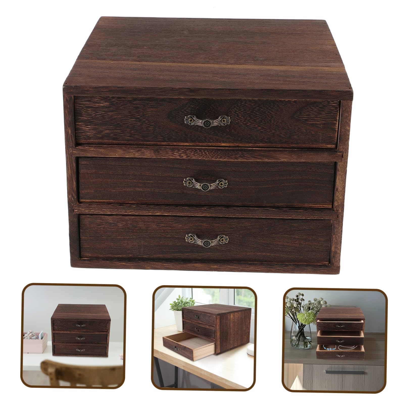 Holz Aufbewahrungsbox mit 3 Schubladen Schreibtisch Organizer aus Massivholz Stapelbare Vintage Kasten für Schmuck Büro und Wohnraum