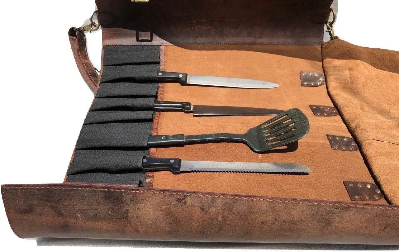 Genuine Buffalo Leather Knife Roll Set Chef's Knife Holder Cutlery Sheath Artist Case Organizer Storage bag Travel Friendly Christmas Black Friday Cyber Monday Gift for Men & Women: Home & Kitchen