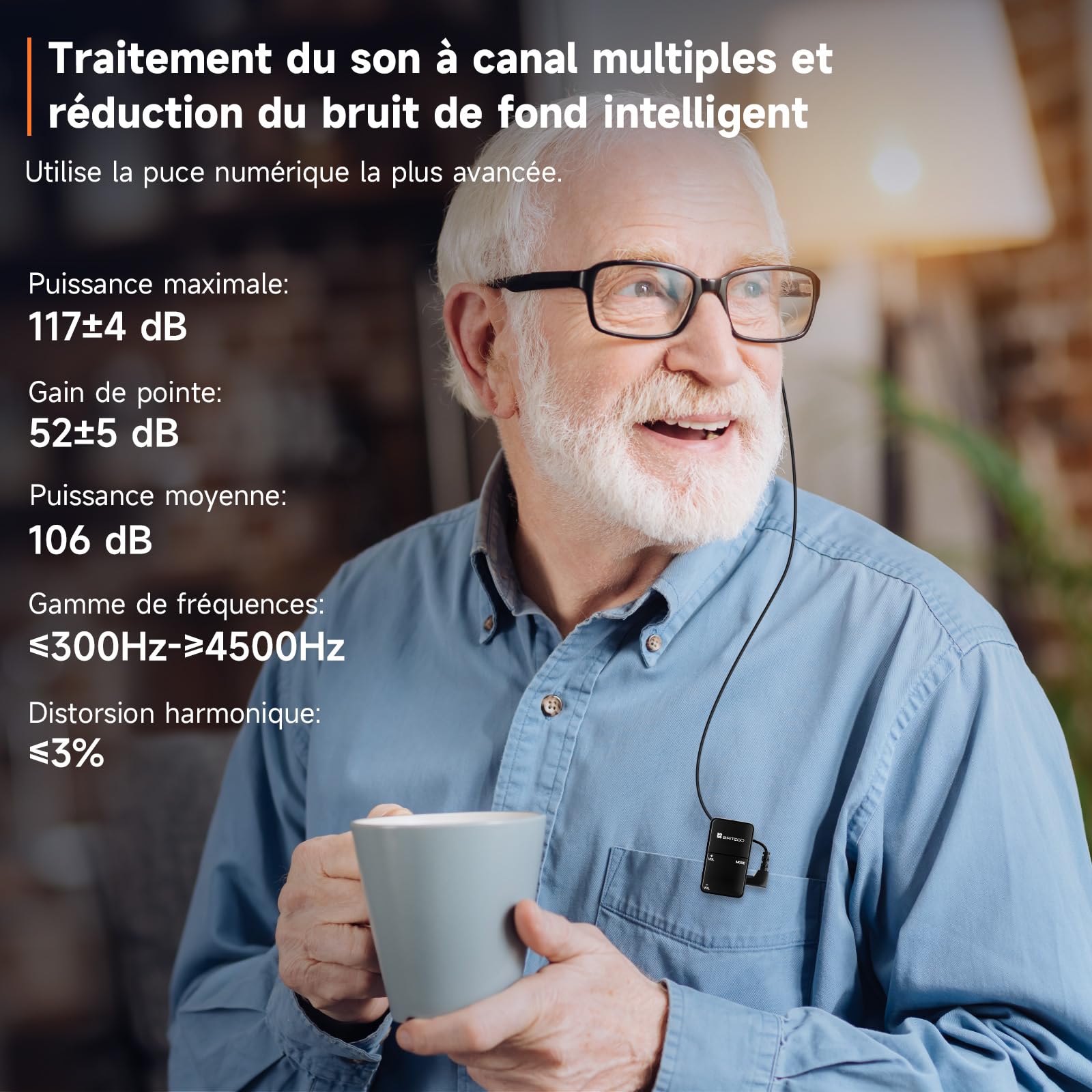 Britzgo Amplificateur de son portable pour les personnes âgées, réduction du bruit et port réglable - Parfait pour une utilisation quotidienne