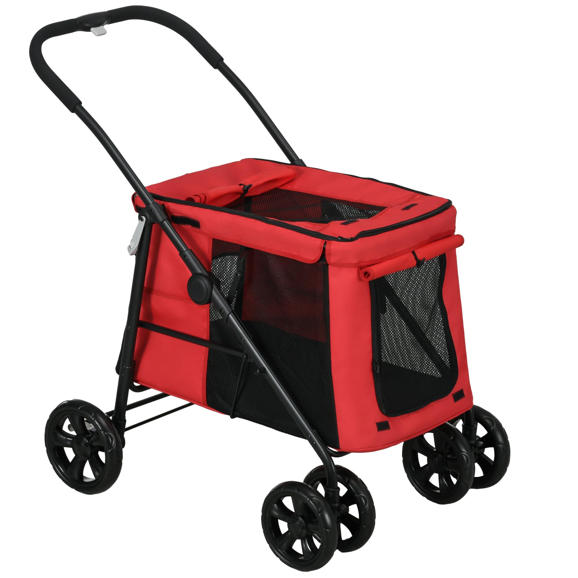 PawHut Carrozzina pieghevole per cani gatti cuscino incluso ruote con freno tessuto 600D Oxford acciaio 102 x 62 x 105 cm rosso