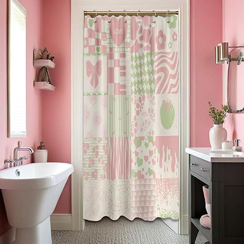 Miniatura 15 de Bonita cortina de ducha rosa Y2k Preppy Kawaii para niñas, decoración de baño a cuadros, tela impermeable con ganchos, 70 pulgadas de ancho x 72