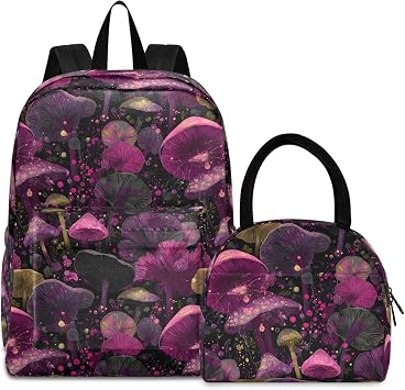 Bright Mushroom Print Backpack Set with Lunch Bag, Large Capacity Travel Backpacks and Lunch Box Insulated for Commute Hiking Picnic