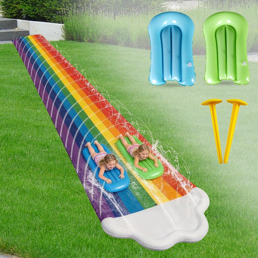 Toboggan Aquatique,480 X 140cm Toboggan pour Pelouse Double Toboggan à Eau avec 2planches Gonflables,Toboggan De Pelouse Résistant,Toboggans Doubles pour Enfants Et Adultes,Extérieur Et Jardin
