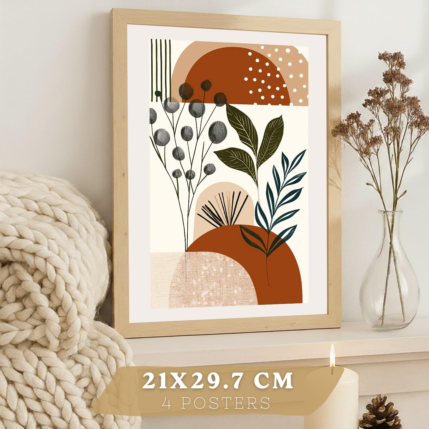 Nacnic Set De 4 Laminas Decorativas Formas Abstractas Botanicas Cuadros Salon Modernos - Posters Decorativos Plantas Marrones Decoración Dormitorios Cocina Baño A3 Marco Madera Clara