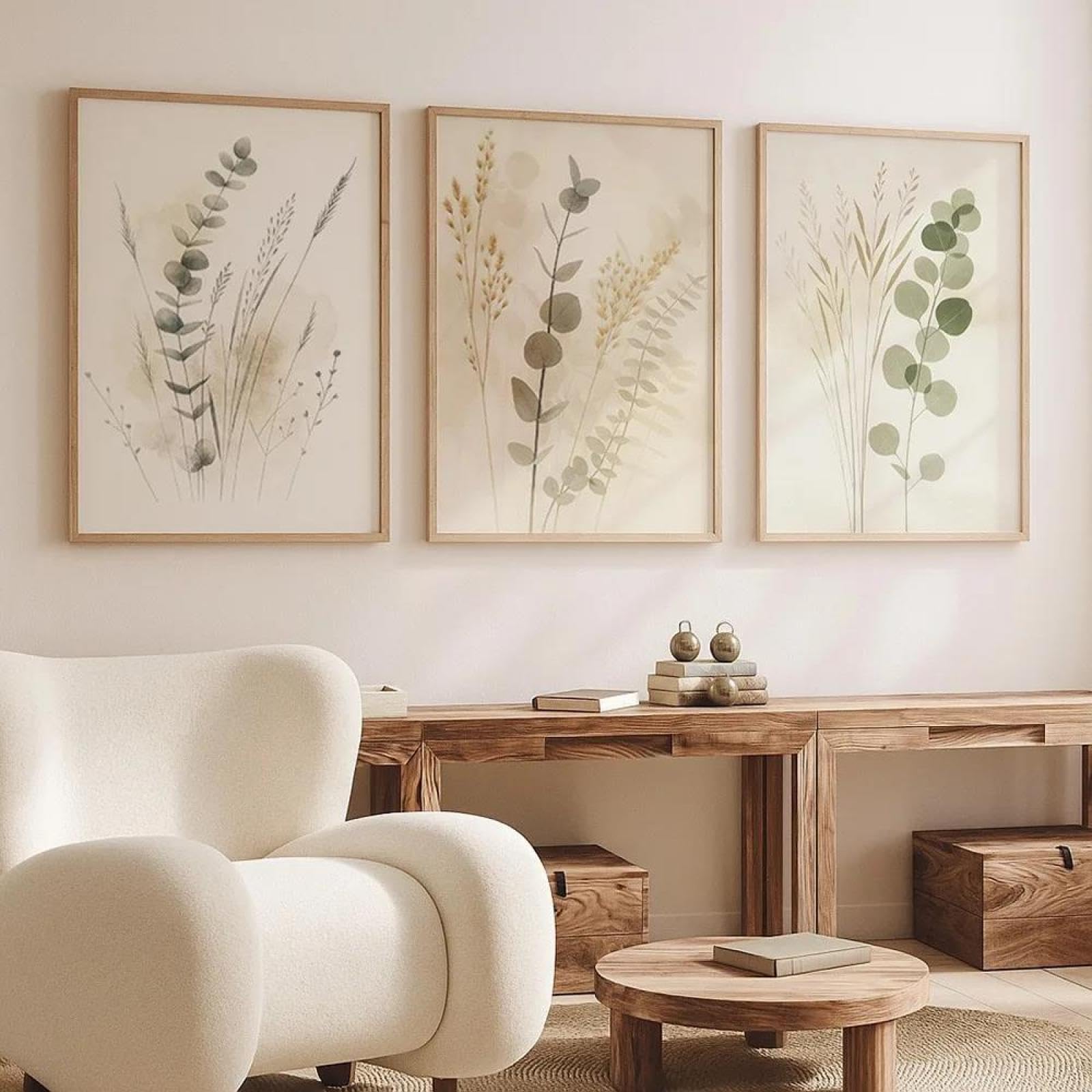 Baibexing Zielony i beżowy minimalistyczny plakat przedstawiający roślinę, wydrukowany na płótnie, idealny do dekoracji salonu i domu. 60 x 80 cm x 3 szt. bez ramki