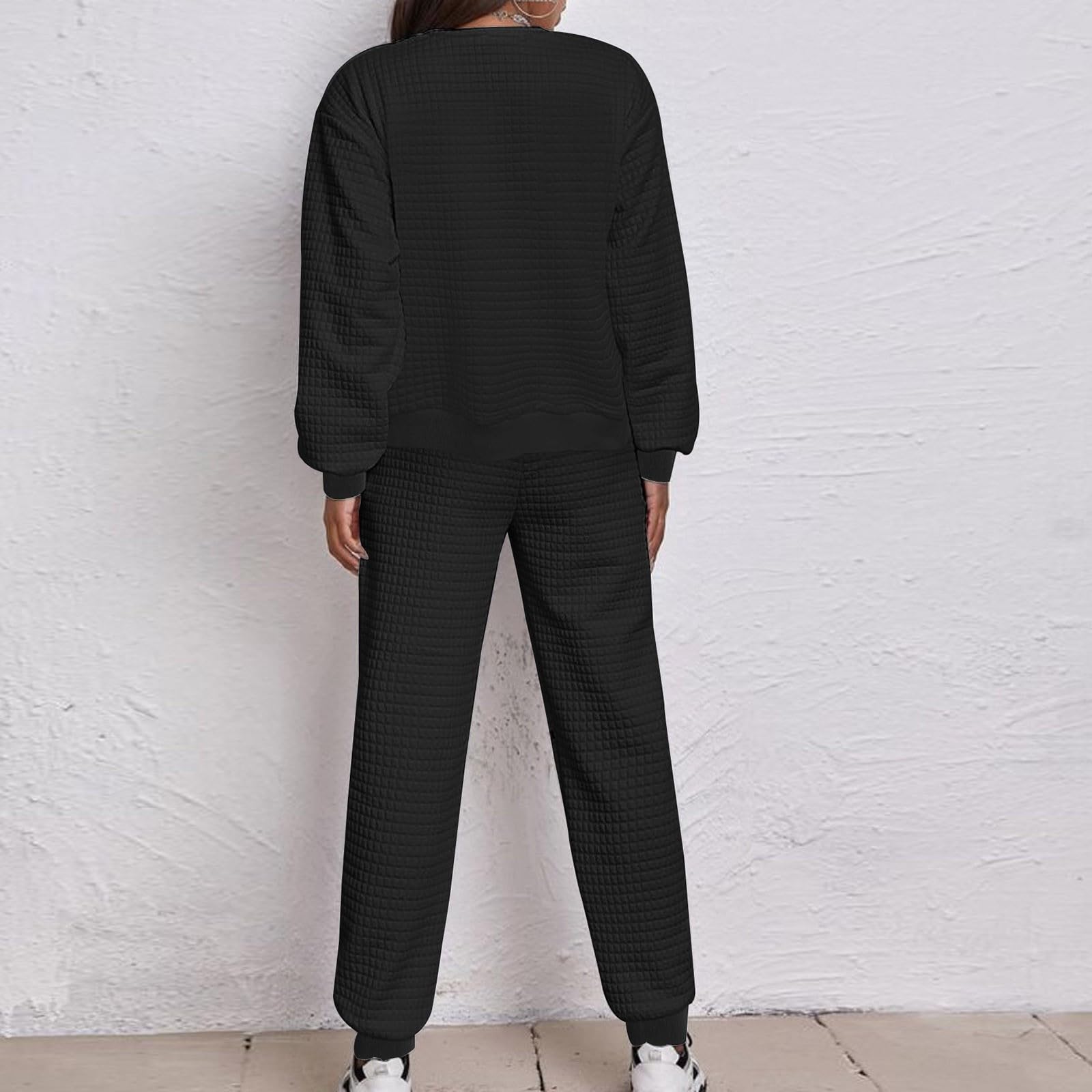 Ensemble de pyjama 2 pièces à carreaux pour femme | Haut à manches longues et col rond et pantalon de pyjama douillet uni élastique