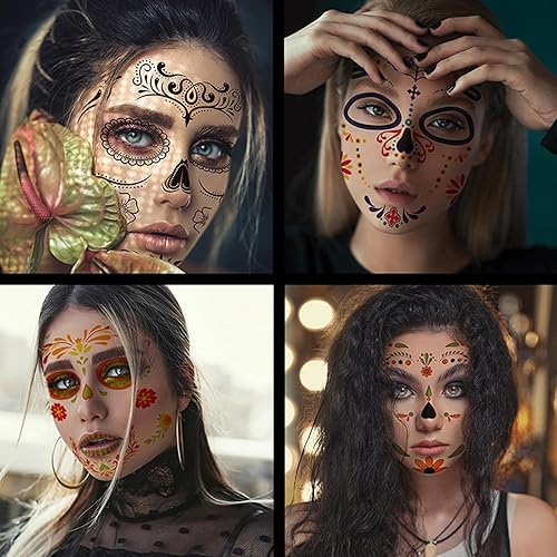 Miniatura 5 de Calcomanías temporales de tatuaje de cara de Halloween, Día de los Muertos, disfraz de calavera de azúcar, máscara de esqueleto negro floral para