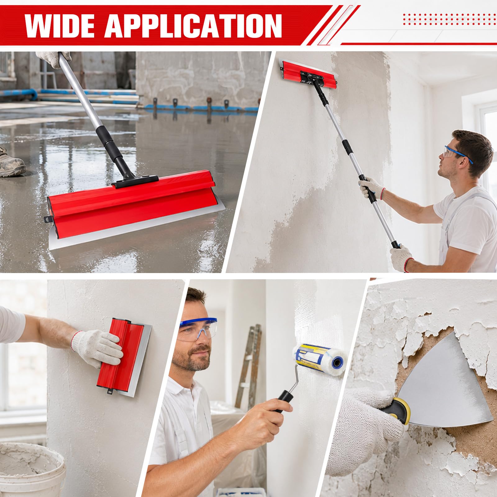 Spatola per Stucco Set, Spatola per Rasatura Muro con Asta Telescopica Regolabile 82-135 Cm, Frattazzo per Rasatura, Spatole per Stucco e Scatola di Conservazione (15/25/40/60/80 cm)