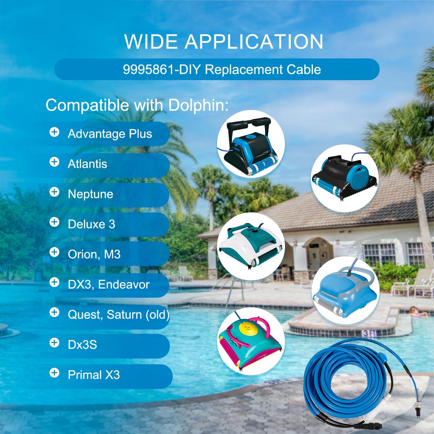 9995861 Cable and Swivel DIY 2 Wire for Dolphin Robotic Pool Cleaners Nautilus(Old), DX3, Advantage Plus, Endeavor, Atlantis, Primal X3, DX3S, Orion, M3, Saturn(Old), Quest & Neptune 60FT(18M)