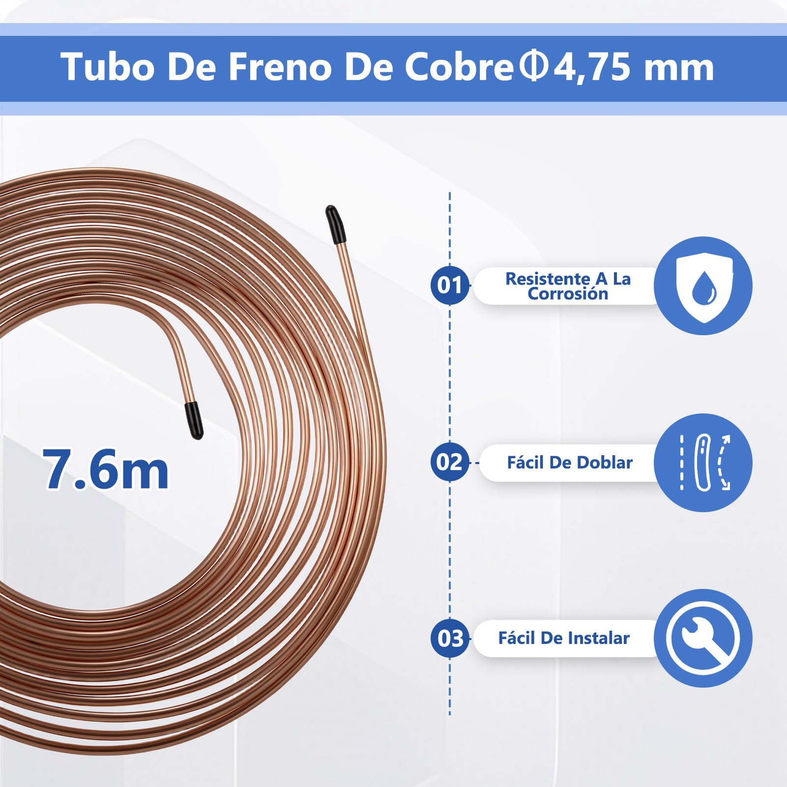Juego de Abocardador de Conductos de Freno Abocardador Doble DIN 4,75 Mm (3/16") Herramienta para Ensanchar Tubos de Cobre con 7,6 M Ø 4,75 Mm de Conductos de Freno 16 Tuercas de