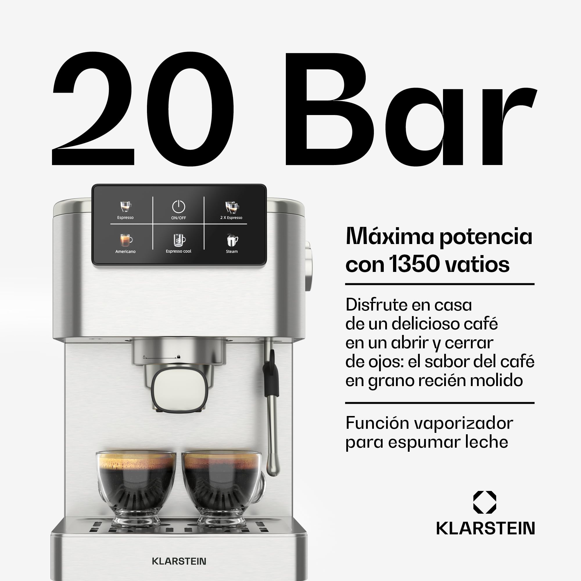 KLARSTEIN SteelPresso Touch Cafetera Espresso – 20 Bares, 1350W, Pantalla Táctil, Espumador de Leche, Depósito 1.5L, Acero Inoxidable, Máquina Café, Diseño Compacto