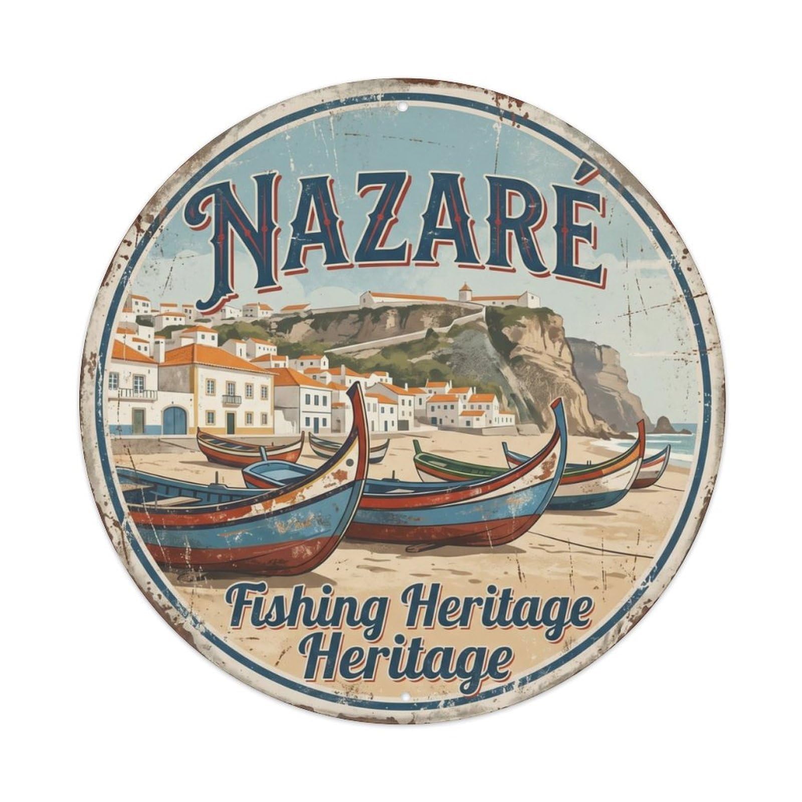Gtthok Vintage Style-17 Vintage Travel Fishing Portugal Nazare Metal Tin Sign Plaque Wall Decor For Cafe, Club, Garden Round Metal Poster 8X8inch
