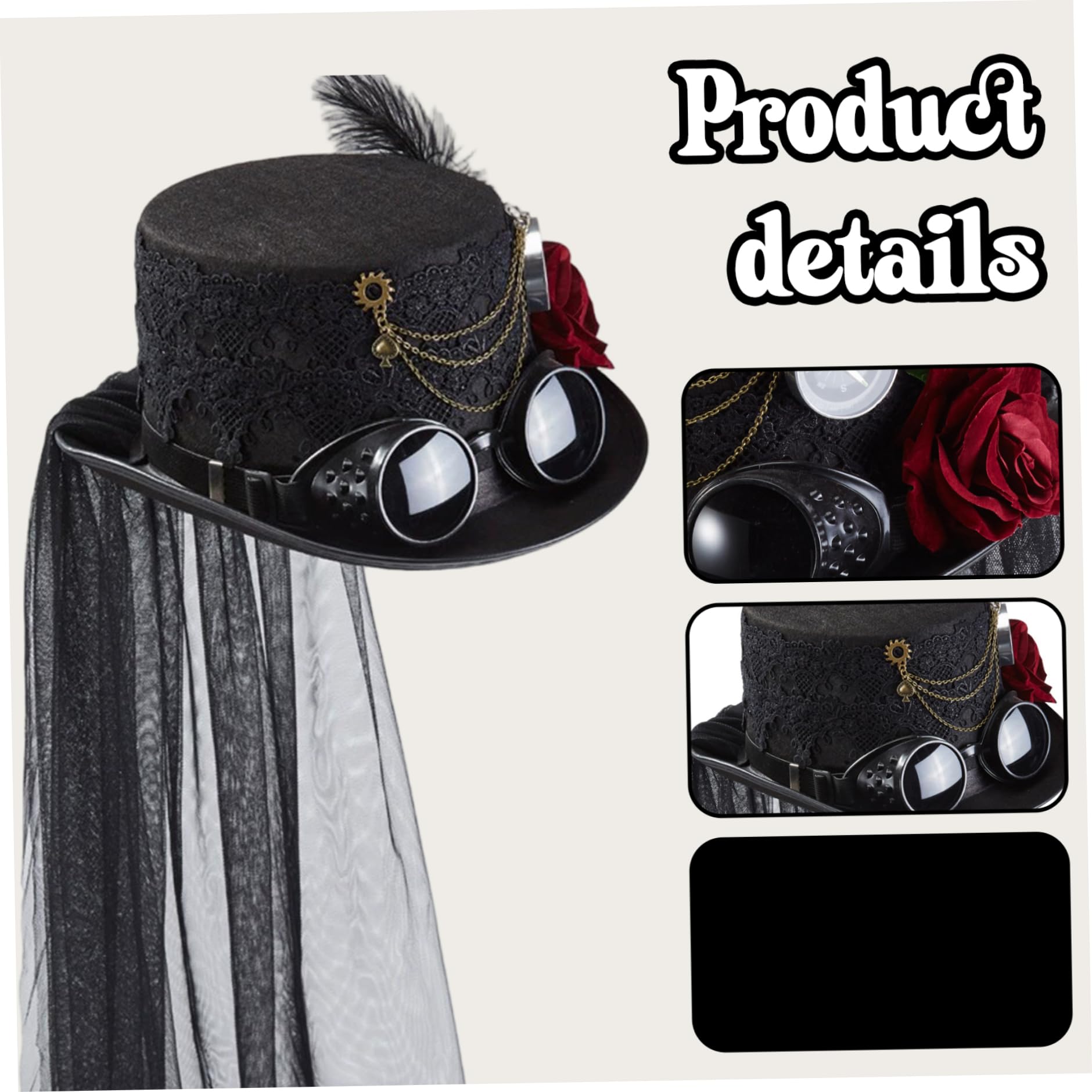 Sombreros Steampunk Sombrero de Copa de Encaje Rosa con Gafas y Velo Disfraz Steampunk gótico Retro para Fiesta de Cosplay de Halloween